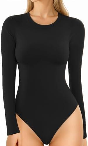 MANGOPOP Women's Crew Neck Short Sleeve Bodysuit Long Sleeve T Shirts Basic Tops Size M