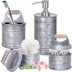 Autumn Alley Rustic Bathroom Accessories Set 4 - Galvanized Soap Dispenser, Rustic Toothbrush Holder, 2 Apothecary Jars Qtip Holder - Rustic Bathroom Decor  Farmhouse Bathroom Accessories