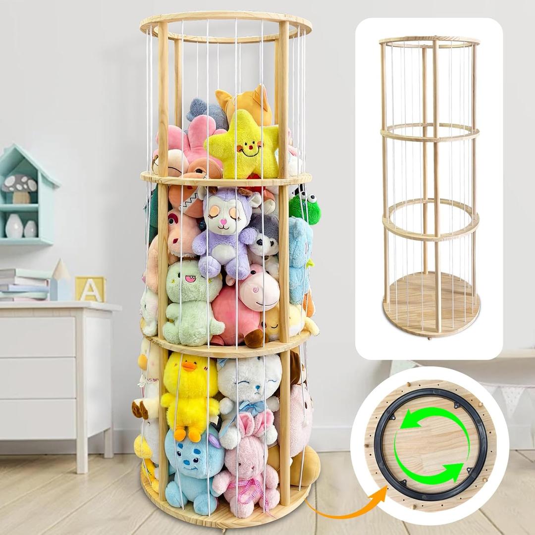 Rotatable Wooden Stuffed Animal Storage with Turntable and Elastic Band, Easy to Install, Wooden Cute Zoo Toy Holder for Toddler Rooms, Playrooms & Bedrooms