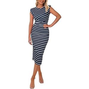 PRETTYGARDEN Women's Dresses 2025 Summer Casual Sleeveless Crewneck Slim Ruched Striped Knit Slit Midi Bodycon Dress XXL