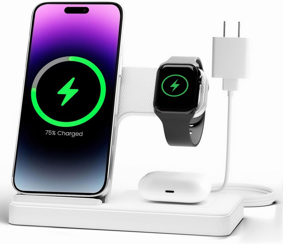 Wireless Charger Stand Charging Station: 3 in 1 Charger Stand Multiple Devices for Apple - iPhone 17 16e 16 15 14 Pro Max 13 12 - Watch 11 10 9 8 7 6 5 4 3 2 SE and Ultra Series-Airpods 4 3 Pro, White