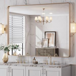 LOAAO 48X36 Gold Bathroom Mirror, Rounded Rectangle Gold Frame Mirror, Brushed Gold Bathroom Vanity Mirror Wall-Mounted, Anti-Rust, Tempered Glass, Hangs Horizontally or Vertically