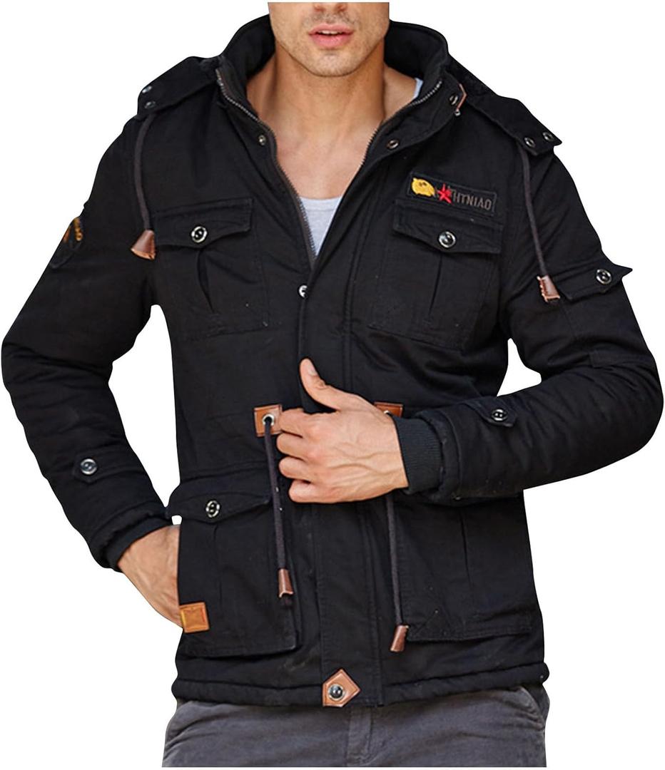 Mens Winter Parka Jacket Casual Stylish Military Jacket Streetwear Distressed Washed Tactical Cargo Work Trucker Coat (4X-Large, 01#black)