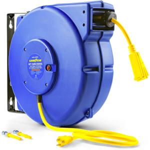 Goodyear Retractable Extension Cord Reel  Heavy-Duty Commercial Cable with Triple Tap Connector, Auto-Rewind & Wall/Ceiling Mountable (Enclosed, 12AWG x 65 ft)