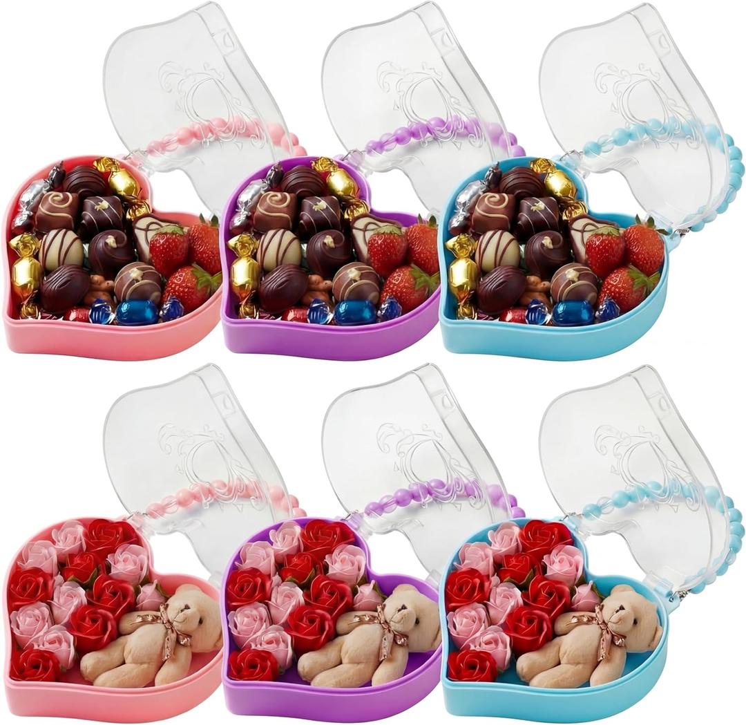 Youyole 6 Pcs Valentine Day Heart Shape Containers with Handle Valentine's Day Snack Box Small Plastic Food Gift Bag Portable Jewelry Organizer for Flower Candy Galentine Party Favor (Pink, Purple, Blue)