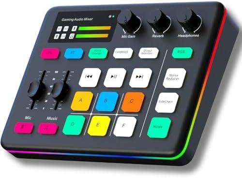 HOSONGIN Gaming Audio Mixer, Audio Interface with Pro-preamp, Voice Changer & DJ Mixer Effects, 48V Phantom Power, Bluetooth & RGB Live Sound Card for Streaming, Podcasting, Gaming