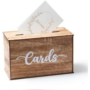 Wedding Card Box with Lid, Wood Gift Card Box for Wedding Reception, Rustic Envelope Money Box for Wedding Party Birthday Bridal Shower Baby Shower Graduation Decorations (11.6x10.4x6.5 inch)
