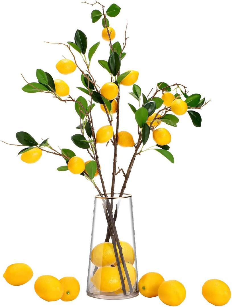 13 Pcs Faux Fruit Decoration Set Includes 3 Pcs 31.5 Inch Artificial Lemon Branch 10 Pcs 3 x 2 Inch Faux Yellow Lemon 5 Head Fake Fruit with Stem for Home Photography Prop Kitchen