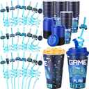 Yungyan 16 Sets Video Game Party Favors Goodie Cups with Lids and Straws for Birthday Decorations Reusable 16oz Plastic Candy Cups Plastic Straws for Birthday Party (Video Game)