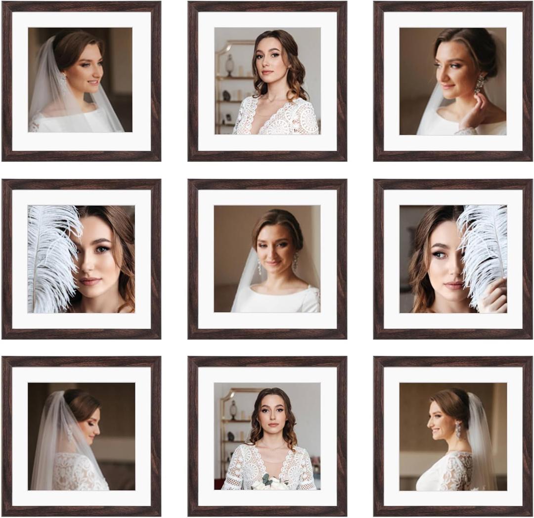 10x10 Picture Frame Set of 9, Display Pictures 8x8 with Mat or 10x10 without Mat, Multi Collage Gallery Square Photo Frames for Wall or Tabletop, Brown