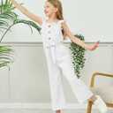 SODLON Girls Jumpsuit Kids Clothes Fashion Ruffle Sleeveless Wide Leg Belted Romper Smocked Summer Outfits with Pockets, 9-10Y