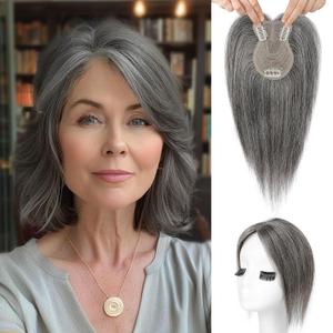 Flufymooz 100% Real Human Hair Toppers for Women, 10 Inch Clip in Human Hair Topper for Thinning Hair, 360°3D Cover Clip in Bangs Natural Hairpiece -Silver Gray With Brown Mixed