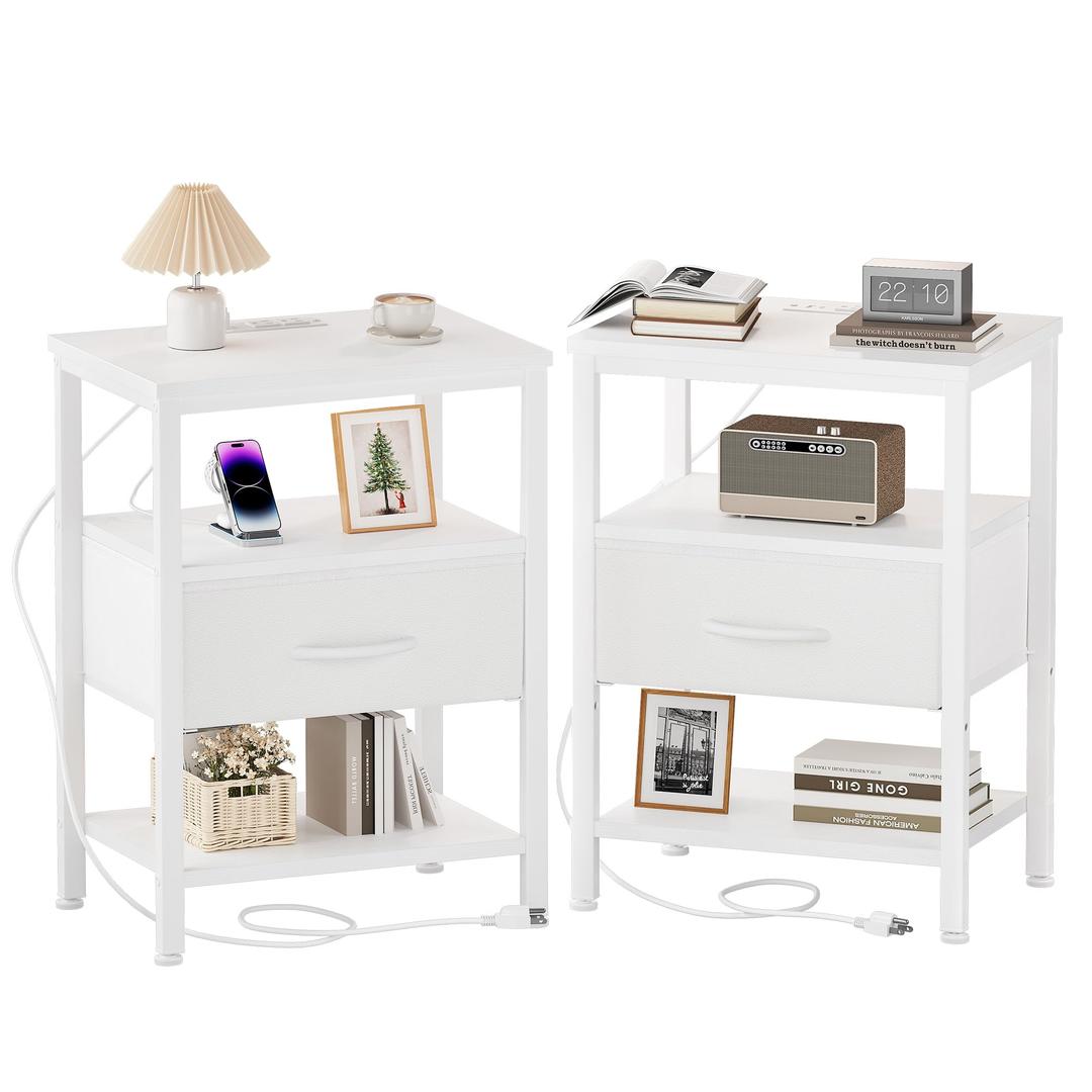 DUMOS Nightstand with Charging Station, Bedside Table with 1 USB-A, 1 USB-C & 2 AC Outlets, Fabric Drawer with Adjustable Open Shelf, Compact End Table for Bedroom, White