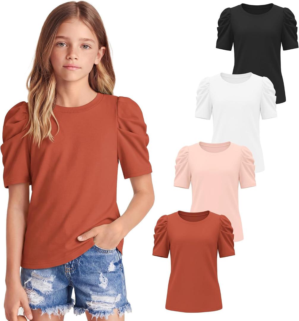 4 Pack Girls Puff Short Sleeve Shirts Summer Crewneck T Shirts Casual Tops Loose Basic Solid Blouses 5-14 Years