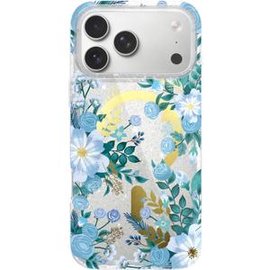 LONLI Hue - for iPhone 17 Pro Magnetic Case - [Compatible with Magsafe] - [Gold Ring] - Clear Cute Shockproof Protective Phone Cover for Girls and Women - Blue Flora (Azure Bouquet)