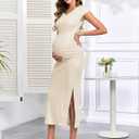 Women's Split Maternity Dress Fine Ribbed with Sparkly Gold Foil, Bodycon Ruched Pregnancy Dresses Baby Shower (Medium)
