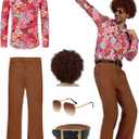70s Disco Outfits for Men 70's Retro Clothes Shirt Bell Bottom Pants Vintage Hip Hop Costume with Wig Accessories (Large, Orange Floral)