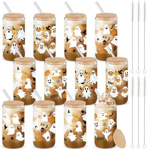 Amazon.com: Acellegic 12 Pcs Halloween Glass Cups with Bamboo Lids and Straw 16 oz fall Pumpkin Ghost Skull Bat Witch Hat Tumbler Coffee Beer Cups for Halloween Party Women Gifts Office Home Supplies (White) : Home & Kitchen