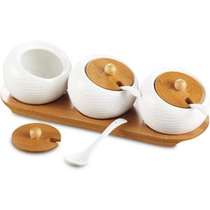 2 Pcs Porcelain Condiment Jar Set, Spice Jars with Bamboo Cap and Ceramic Serving Spoon, Wooden Tray, Used to Store Sugar, Spices, Coffee, Tea, 170 ML (5.8 OZ)