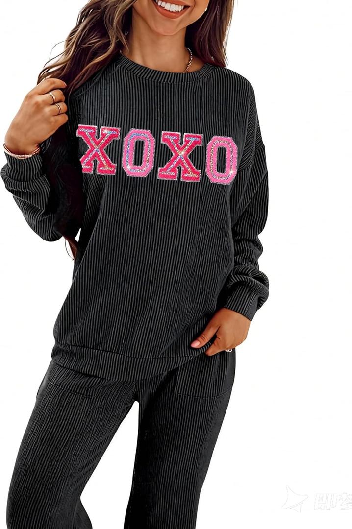 SELINK Christmas Pajamas for Women JOLLY Corded Long Sleeve Top and Pants Matching Lounge Set with Pockets (Small, Z512 Black Xoxo)