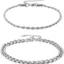 2pcs Silver Chain Bracelet for Men, Durable Waterproof Stainless Steel Cuban Link Bracelet Easter Gifts Fashion Mens Jewelry for Him or Teens Boys Gift Ideas