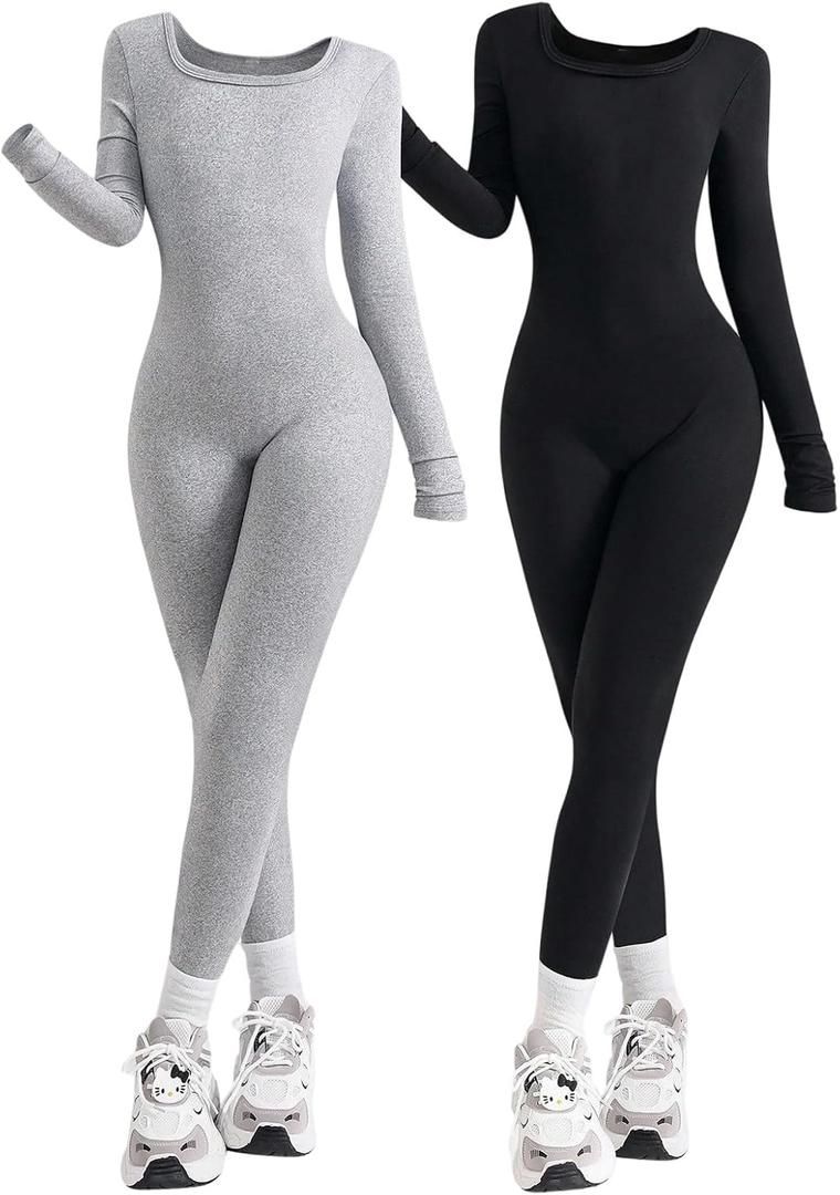 Floerns Girl's 2 PCS Long Sleeve Jumpsuit Square Neck One Piece Bodysuit Sports Rompers (Black and Grey, 9 Years)