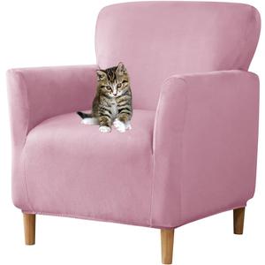 Stretch Chair Covers with Arms 1-Piece Banquet Armchair Slipcover Velvet Mid Century Modern Armchair Slipcover Anti-Slip Furniture Protector for Living Room Friendly for Kids Pets (Pink)