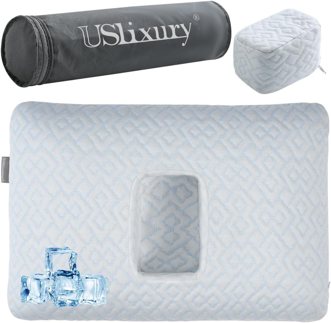 USlixury Piercing Pillow with Foam Plug - Piercing Pillow with Off Center and 4.7"X3.2" Ear Hole, Soft CertiPUR-US Memory Foam, Firm Support for Side Sleepers, Cooling, Traveling, 16"X11"X4''