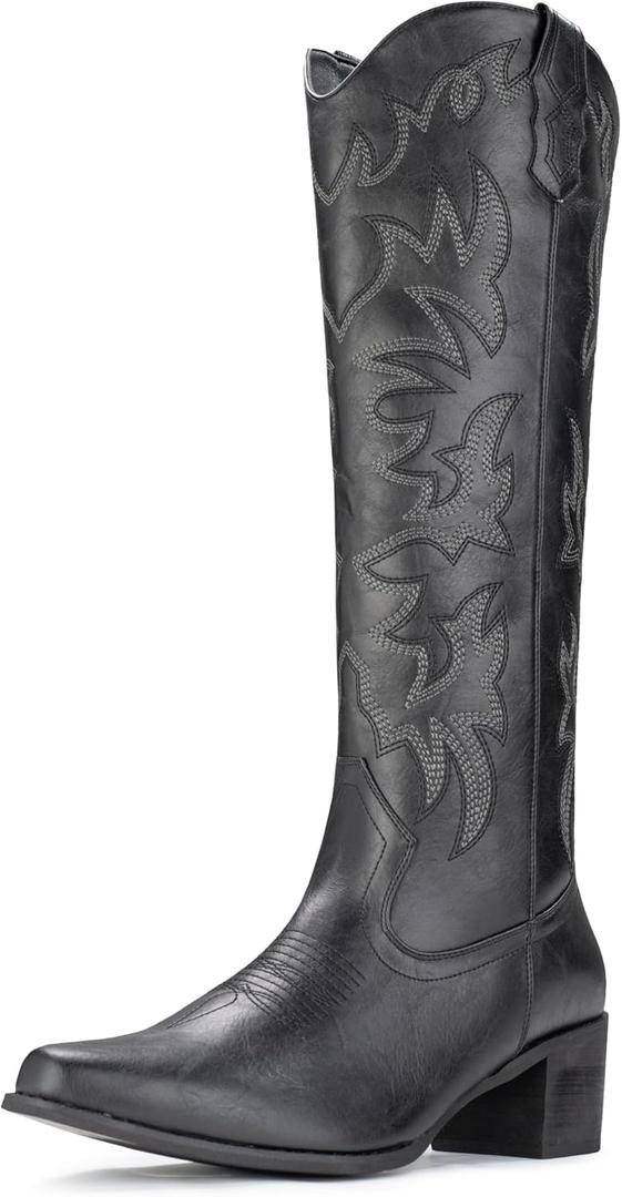 IUV Cowboy Boots For Women Knee High Western Cowgirl Boots Snip Toe Side Zipper Chunky Heel (8.5, Black)