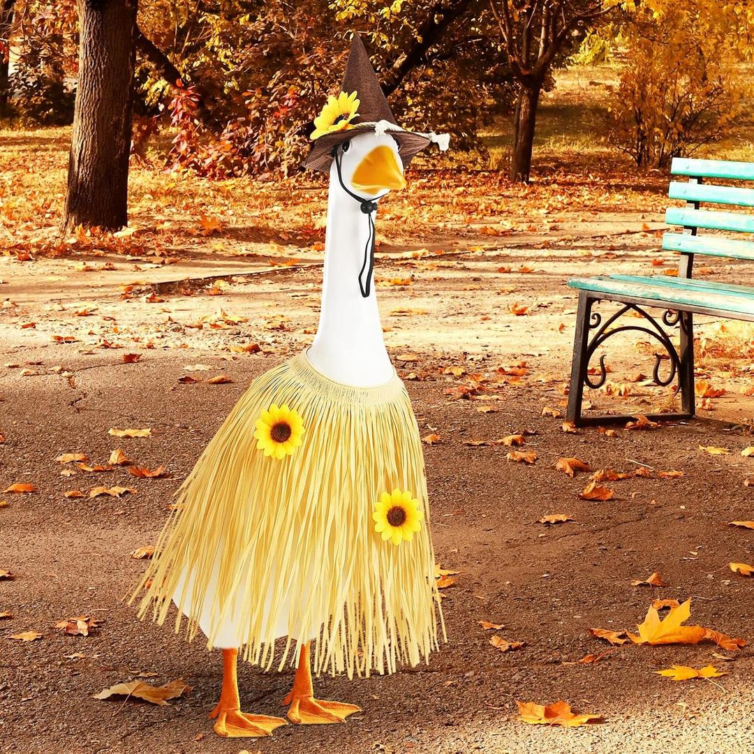 Porch Goose Outfit Scarecrow Porch Goose Costume with Felt Hat Raffia Straw Dress Sunflower for 23" Cement Plastic Geese Thanksgiving Outdoor Statue Patio Yard Lawn Art