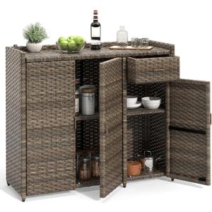 YITAHOME Outdoor Storage Cabinet, Weather-proof Rattan Bar Table with Two Doors, Adjustable Shelves & Foldable Drawer, Wicker Patio Storage Box for Outdoor Cushions, Pool Tool and Garden Tools - Brown