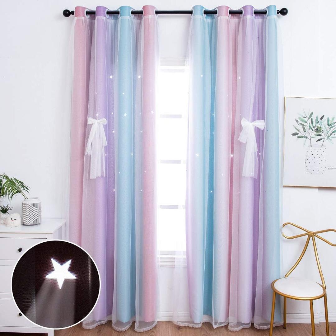 UNISTAR 2 Panels Star Blackout Curtains for Kids Girls Bedroom Living Room - Double Layer Cut Out Stripe Pink and Purple Rainbow Window Curtains (Double Side) W52 x L63 Inch Length