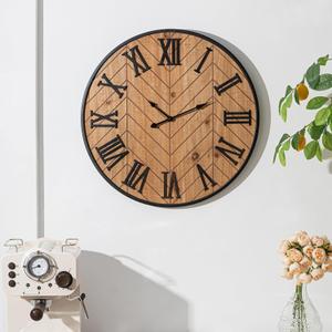 Kenning Farmhouse Wall Clock for Living Room Decor, Rustic 24'' Wall Clock | Large Decorative Wall Clock with Brown Wooden Face & Black Metal Frame, Silent Battery Operated for Kitchen Bedroom Entryway