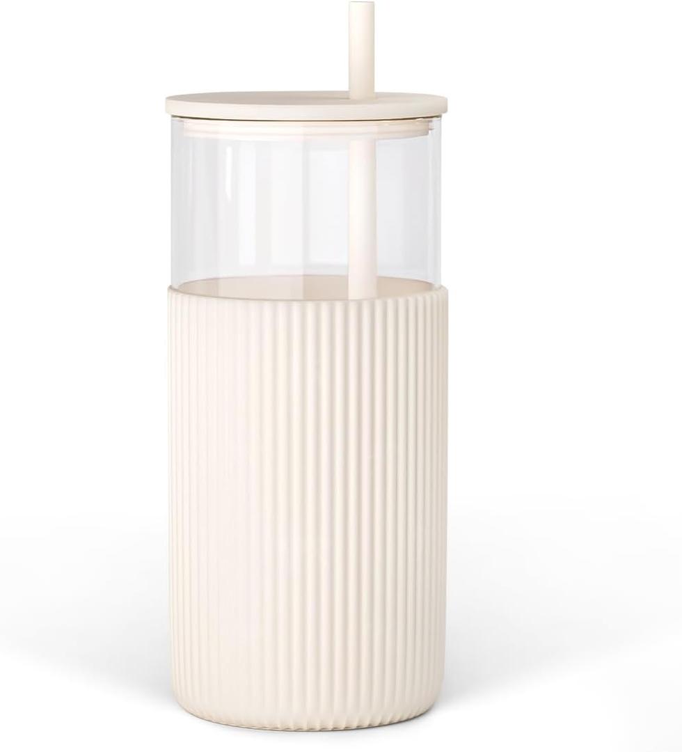 SANDJEST Glass Tumbler with Straw and Lid, Glass Water Bottle with Silicone Sleeve 20oz, Smoothie, Iced Coffee Cup, Gifts for Women Teen Girls Birthday Christmas (Cream)