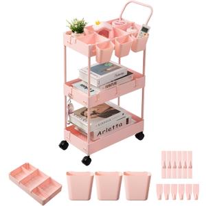 danpinera Slim Storage Cart, 3 Tier Narrow Rolling Cart on Wheels Bathroom Organizer with Dividers Handle Hanging Cups Hooks for Laundry Room Kitchen Small Spaces, Pink