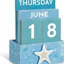 Hoteam Summer Beach Wood Perpetual Calendar for Desk Blue Ocean Theme Block Calendar Table Decor with Starfish Seashell Vintage Cute Month Date Display Blocks for Home Office Desk Accessories Gift