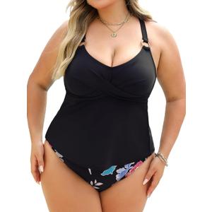 CUPSHE Women Tankini Sets Plus Size Two Piece Swimsuit V Neck Mid Rise Crisscross Back Tie O Ring (XX-Large Plus)