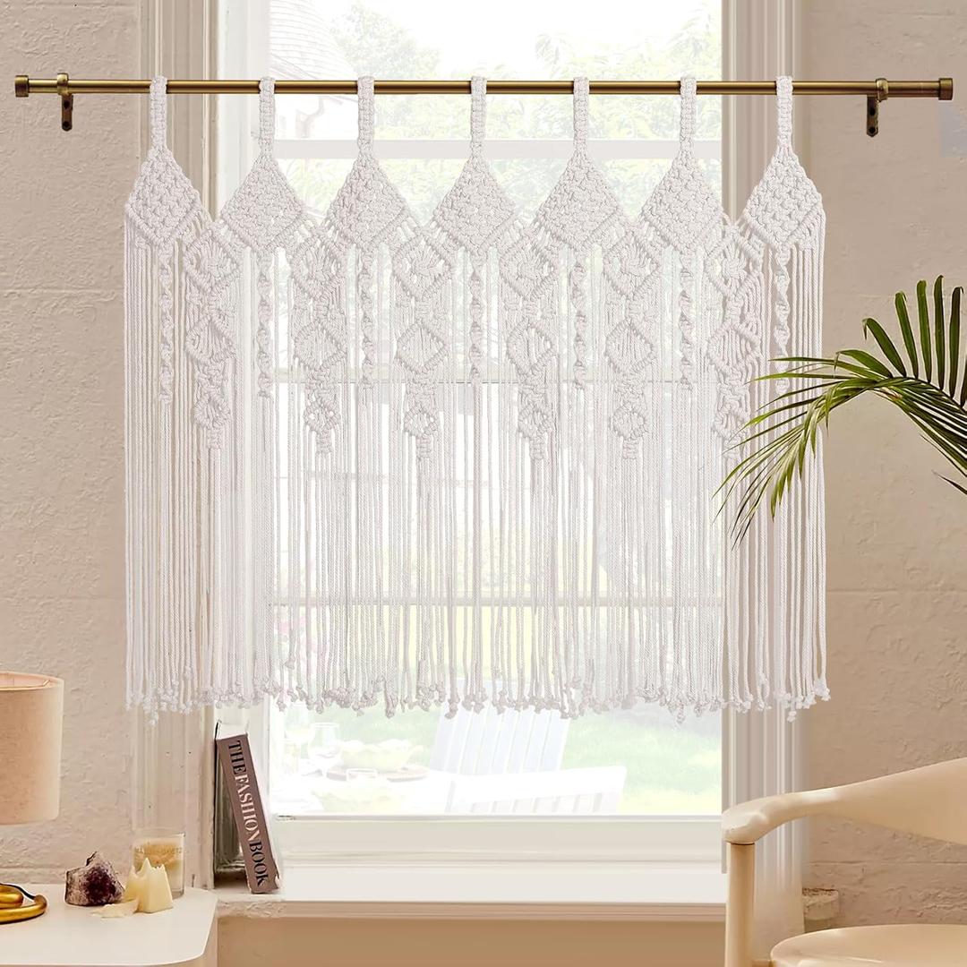Boho Valance Macrame Curtains for Windows 31" L x 39" W Beaded Macrame Curtains for Doorway & Kichen, Large Wall Hanging Home Decor, Window Treament Room Divider Tapestry Wedding Backdrop, 1 Panel