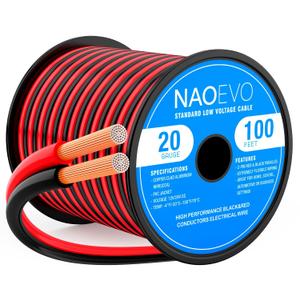 NAOEVO 20 Gauge Wire 100FT, 2 Conductors Electrical Wire Red Black Cable, Flexible/Low Voltage/PVC 20 AWG Copper Clad Aluminum Extension Cord for Speaker, LED Strips, Automotive 12V/24V DC