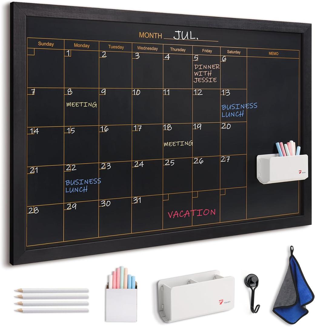 TOWON Magnetic Chalkboard Calendar 36x24 in, Black Wood Frame, Monthly | Wall planner and organizer with 4 white chalk pencils, color chalk set, hook magnet, cloth and removable tray
