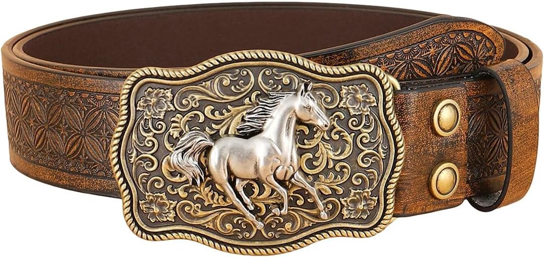 BEAUDRM Women's Western Country Belt Metal Buckle Faux Leather Belts Floral Waist Cowgirl Outfits (Light Brown)
