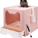 Foldable Cat Litter Box with Lid, Enclosed Potty, Large Top Entry Anti-Splashing Toilet, Easy to Clean Including Litter Scoop and 2-in-1 Cleaning Brush (Pink)