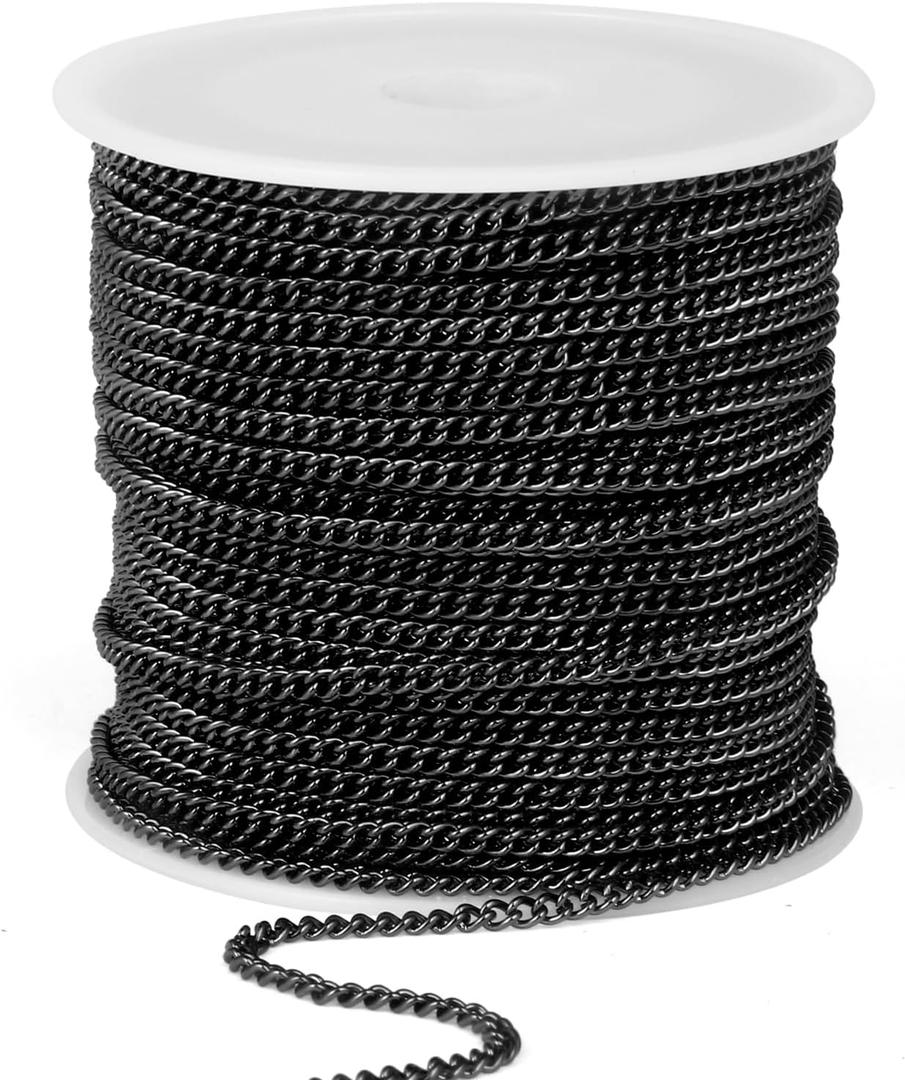 66FT Gunmetal Stainless Steel Curb Chains Roll, 2mm 304 Stainless Steel Black Flat Twisted Links Curb Chains Bulk Spool for Jewelry Making DIY Craft