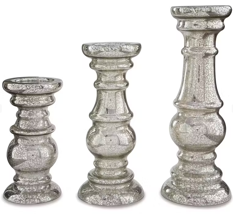 Signature Design by Ashley Rosario Mercury 3 Piece Candle Holder Set, Silver Finish