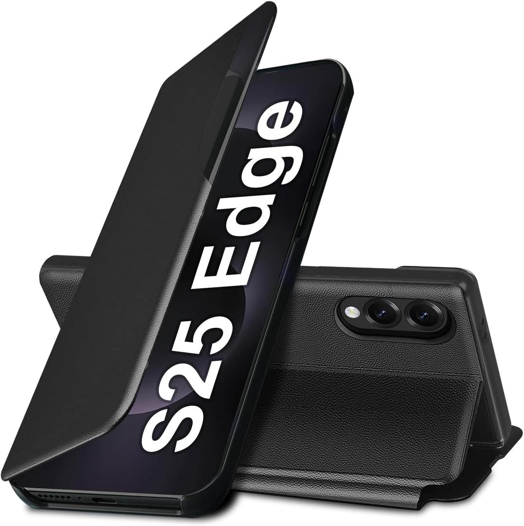 S25 Edge Flip Case for Samsung Galaxy S25 Edge 5G Case, Clear View Slim Fit Leather Cover for Samsung S25 Edge Phone Case with Kickstand Rugged Heavy Duty Shockproof Bumper Shell, 6.66 Inches (Black)