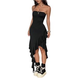 Floerns Women's Grunge Strapless Tube Tops Dress Asymmetrical Ruffle Trim Y2k Midi Dresses (Medium, Black)