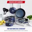 Blue Diamond 10 Piece Nonstick Cookware Set, Diamond Ceramic Pots & Pans, Dishwasher & Metal Utensil Safe, Non Toxic PFAS-Free, Kitchen Cooking Sauce & Saute Pans, Oven & Broiler to 600F, Blue