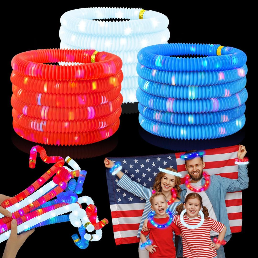 4th of July Party Favors Supplies Bulk 24 PCS,Red White Blue Glow Sticks Pop Tubes for Kids,Light Up Bracelets Necklaces Accessories,Patriotic Parade Glow Toy Items for Fourth of July Activities Games
