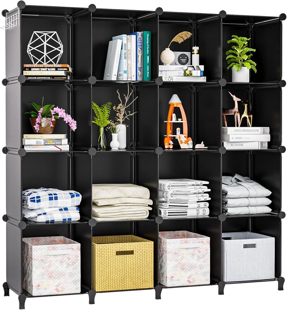 Neprock 16 Cubby Storage Organizer,Closet Clothes Storage Organizer,Cube Shelves Closet Organizers and Storage Shelves for Clothing Storage with Hammer, Bookshelf for KidsBlack