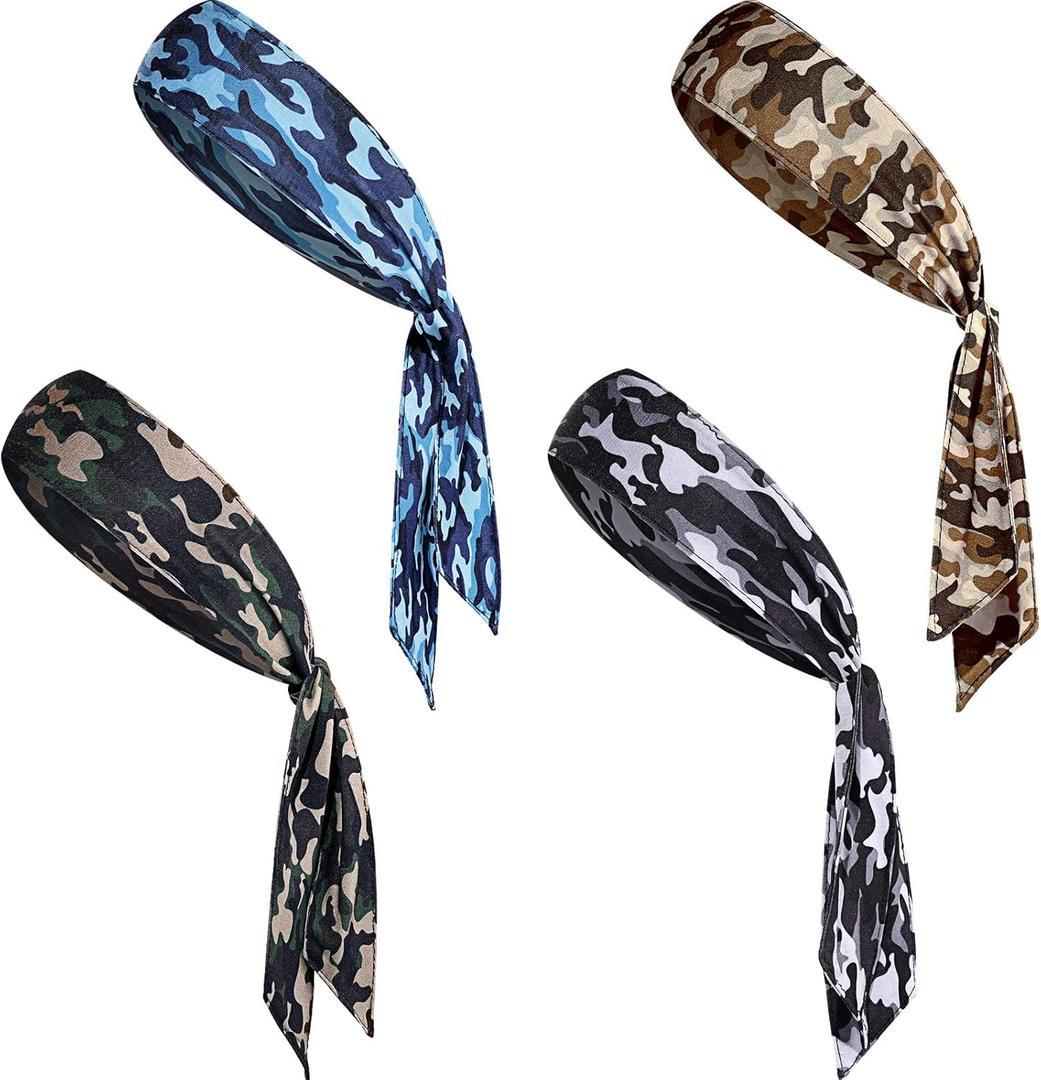 Jutom 4 Pieces Tie Headbands for Men Women Sports Bandana Hair Band Camo Headbands Elastic Sweat Wicking Karate Adjustable Non Slip Hairband for Yoga Workout Running (Cool Color)